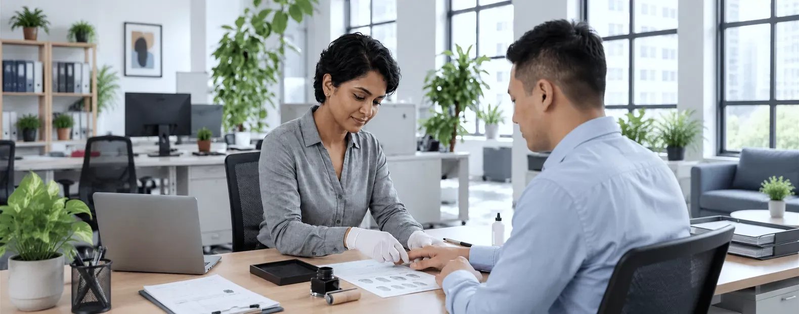 A Globeia associate guiding a client's finger onto a fingerprint card during an office appointment