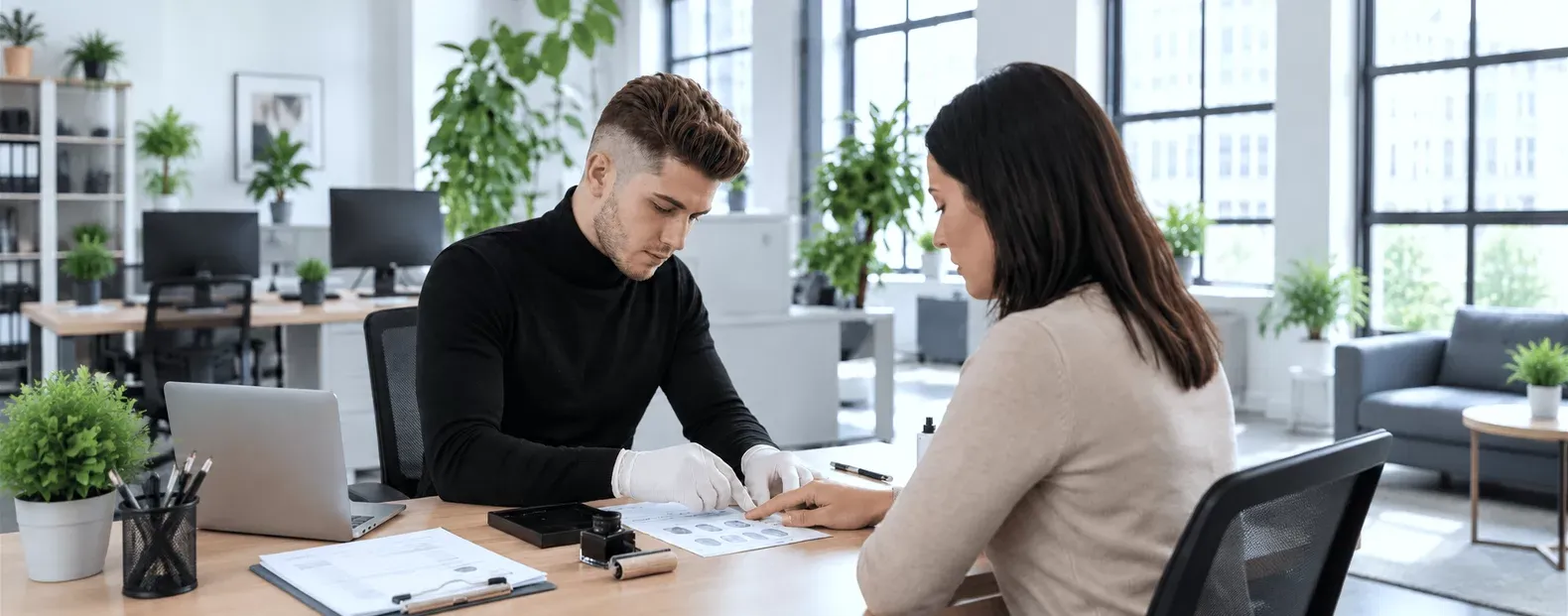 A Globeia associate rolling a client's fingerprints onto a fingerprint card at a desk