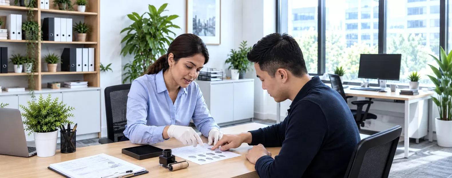 A Globeia associate explaining the fingerprint card while taking a client's prints at an office desk