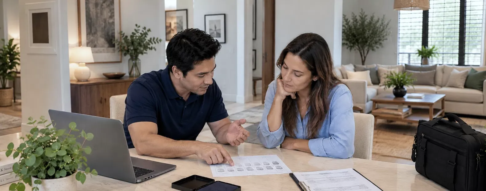 A Globeia associate going over a completed fingerprint card with a client at home