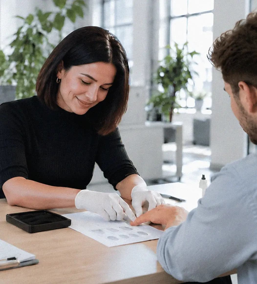 A Globeia associate in white gloves guiding a client's finger onto a fingerprint card