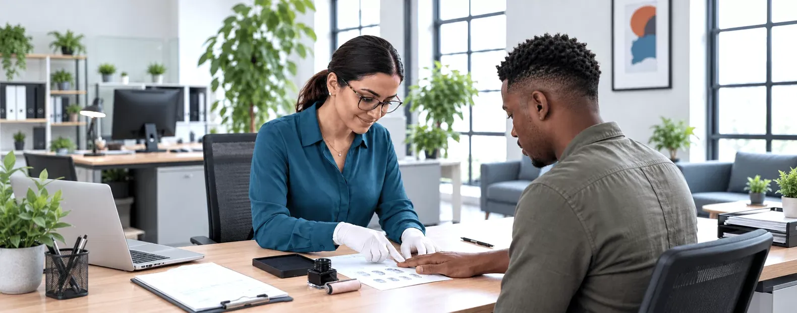 A Globeia associate in gloves taking a client's fingerprints on a fingerprint card at an office desk