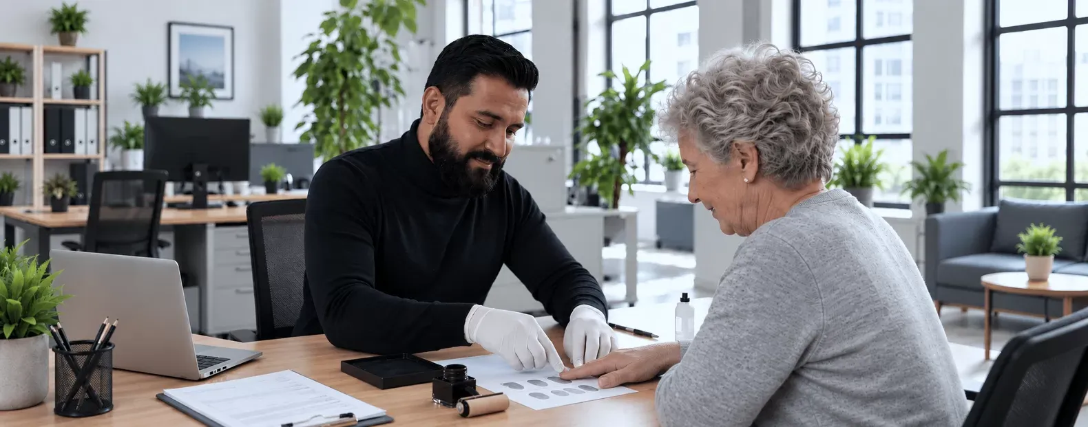 A Globeia associate taking an older client's fingerprints on a fingerprint card in an office