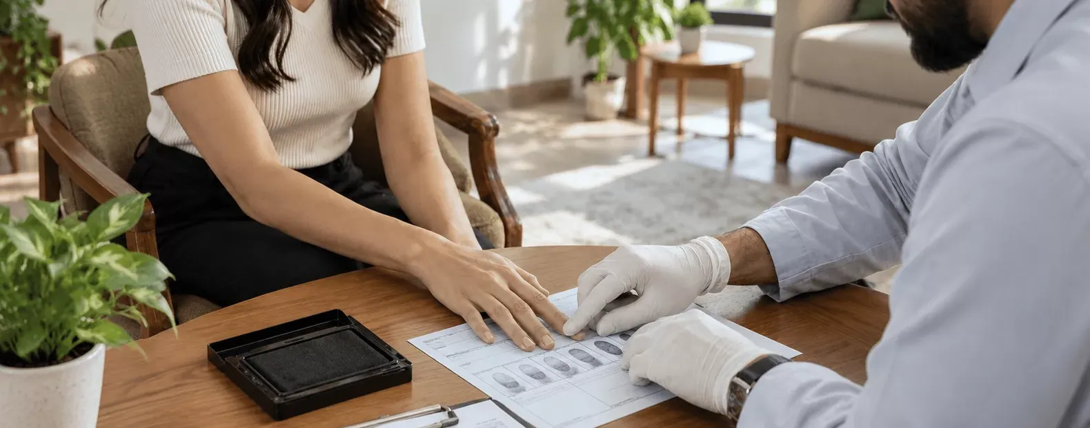 A gloved Globeia associate rolling a client's fingerprints onto a card during a home visit