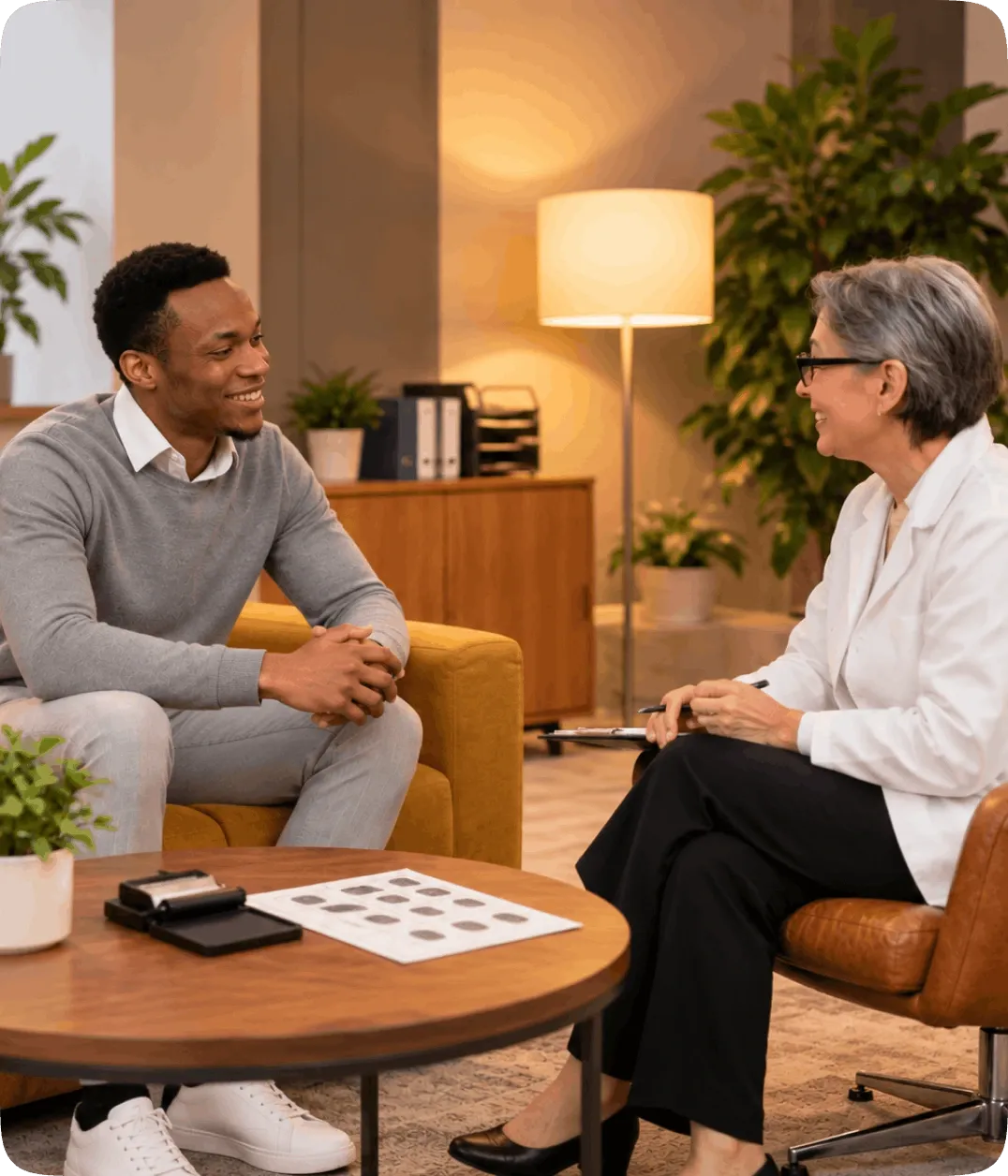 Globeia associate talking a client through their fingerprinting appointment