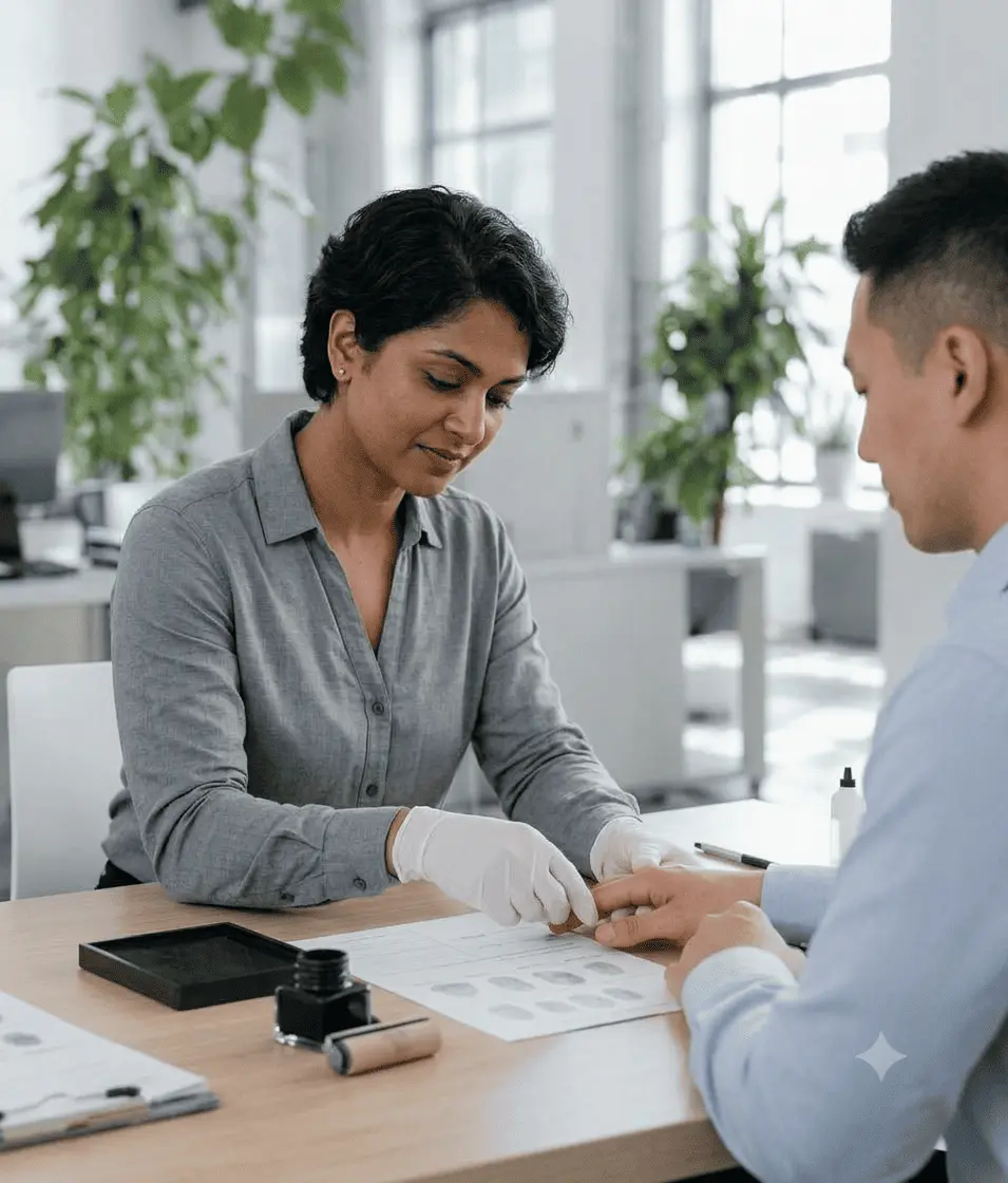 A Globeia associate guiding a client's finger onto a fingerprint card