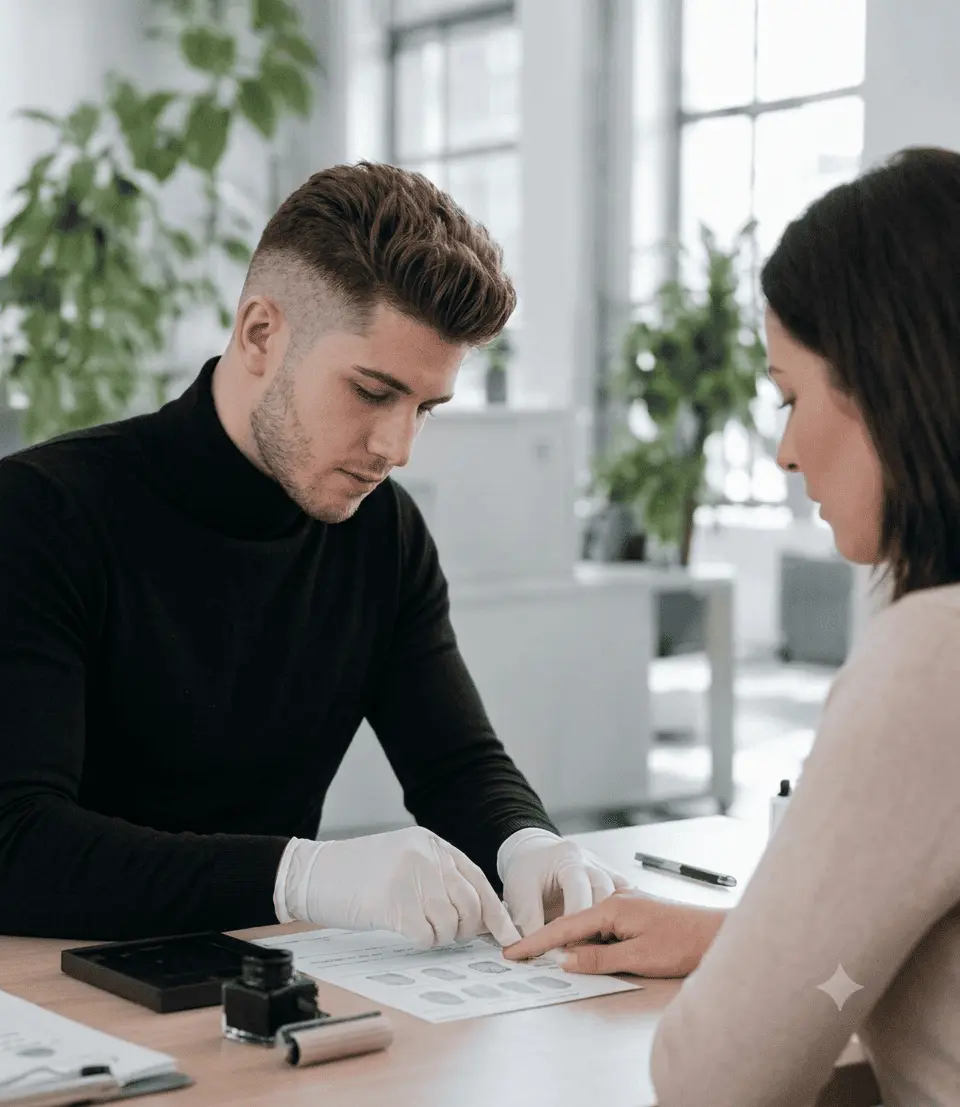 Globeia associate taking a client's fingerprints on a fingerprint card