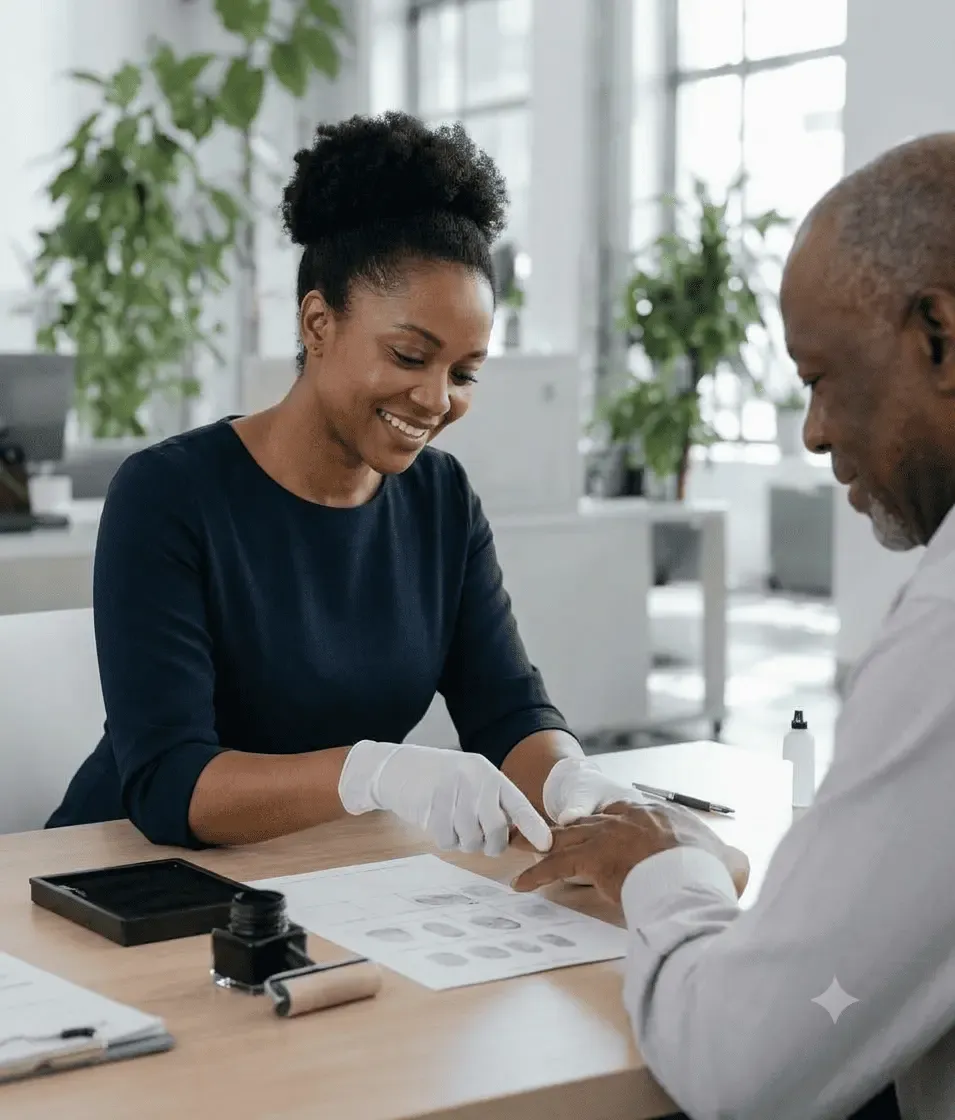 Globeia associate taking an older client's fingerprints on a fingerprint card