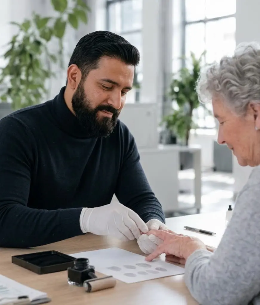 Globeia associate rolling an older client's fingerprint on a fingerprint card
