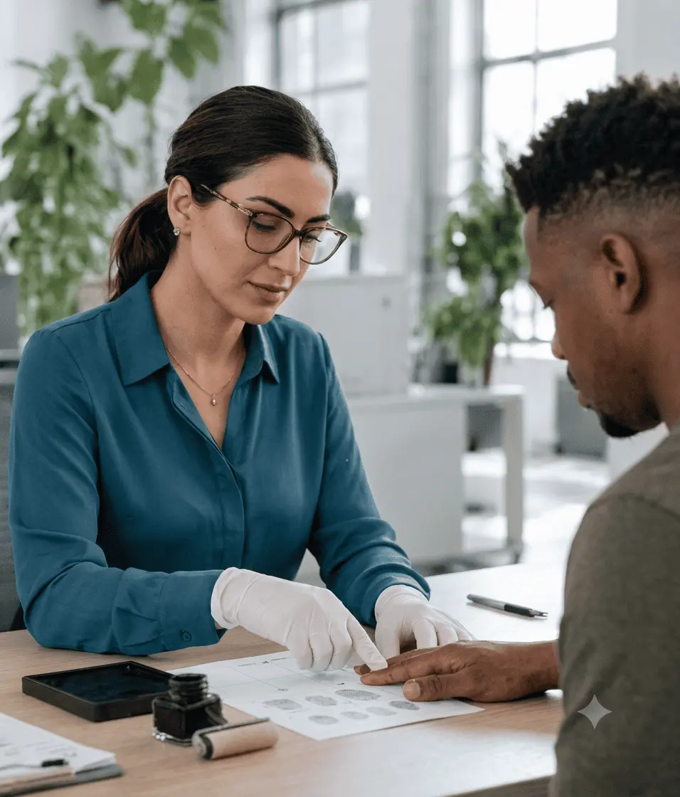Globeia associate taking a client's fingerprints on a fingerprint card
